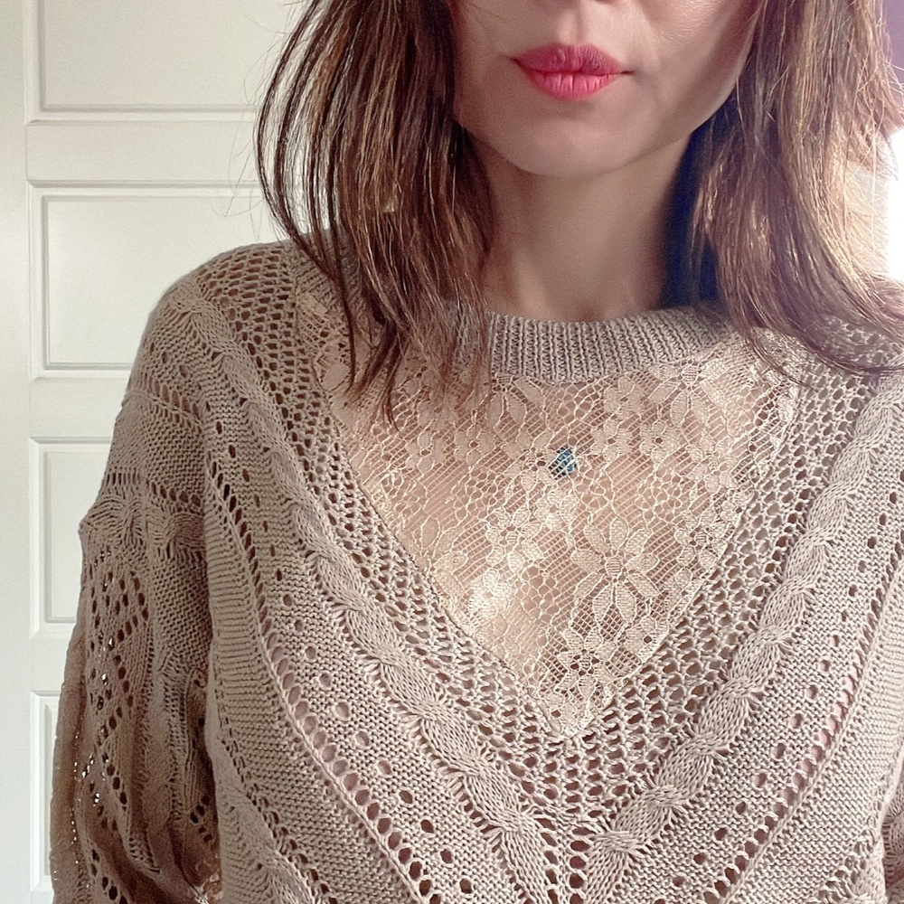 033 Cozy Floral Lace oversized Sweater Top - Picture 3 of 7